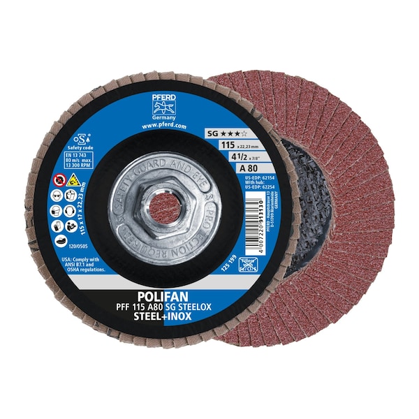 Pferd 4-1/2" x 5/8-11 Thd. POLIFAN Flap Disc - A SG STEELOX, Aluminum oxide, 80 Grit, Flat - 62254