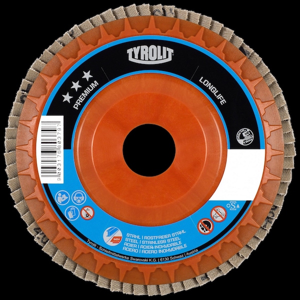Tryolit Abrasives TYROLIT Premium LONGLIFE Trimmable Flap Disc, 4-1/2" x 7/8", Type 27, ZA 80 Grit - 680376
