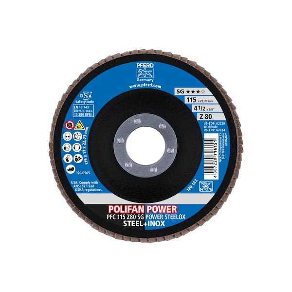 Pferd 4-1/2" x 7/8" A.H. POLIFAN Flap Disc - Z SG POWER STEELOX, Zirconia, 80 Grit, Conical - 62220
