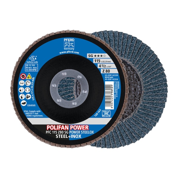Pferd 4-1/2" x 7/8" A.H. POLIFAN Flap Disc - Z SG POWER STEELOX, Zirconia, 80 Grit, Conical - 62220
