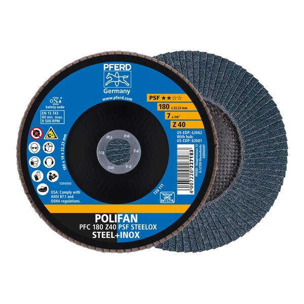 Pferd 7" x 7/8" A.H. POLIFAN Flap Disc - Z PSF STEELOX, Zirconia, 40 Grit, Conical - 62062