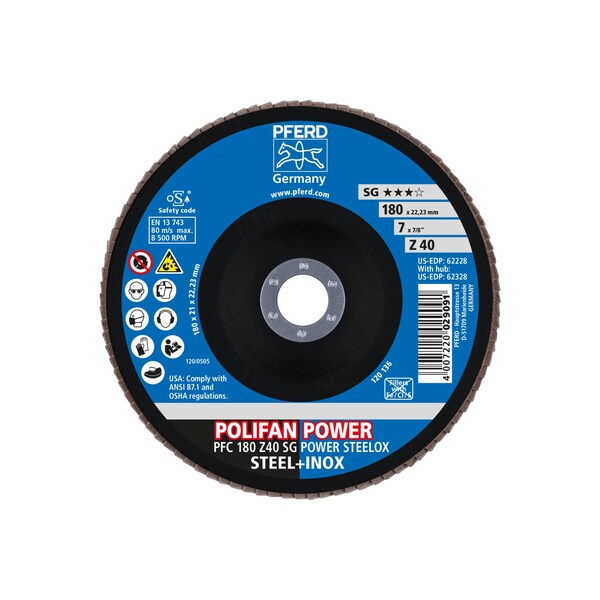 Pferd 7" x 7/8" A.H. POLIFAN Flap Disc - Z SG POWER STEELOX, Zirconia, 40 Grit, Conical - 62228