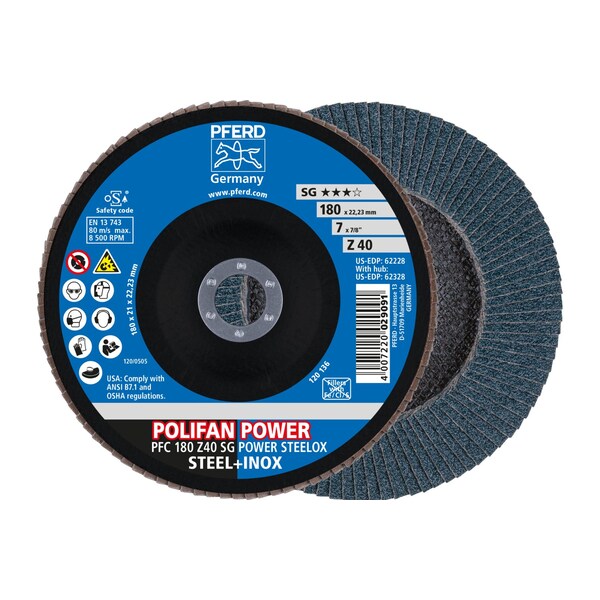 Pferd 7" x 7/8" A.H. POLIFAN Flap Disc - Z SG POWER STEELOX, Zirconia, 40 Grit, Conical - 62228