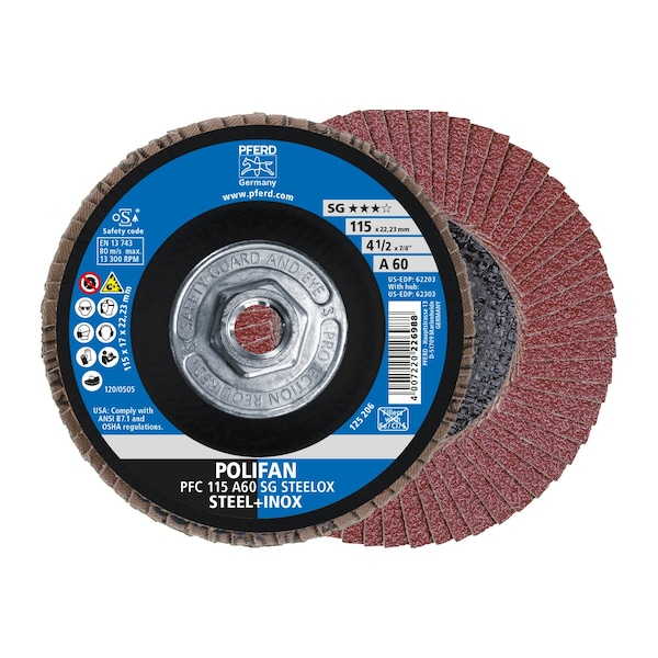 Pferd 4-1/2" x 5/8-11 Thd. POLIFAN Flap Disc - A SG STEELOX, Aluminum oxide, 60 Grit, Conical - 62303
