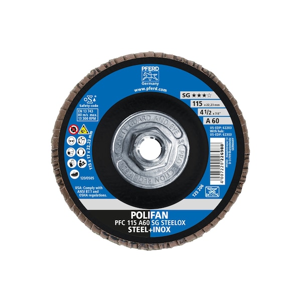 Pferd 4-1/2" x 5/8-11 Thd. POLIFAN Flap Disc - A SG STEELOX, Aluminum oxide, 60 Grit, Conical - 62303