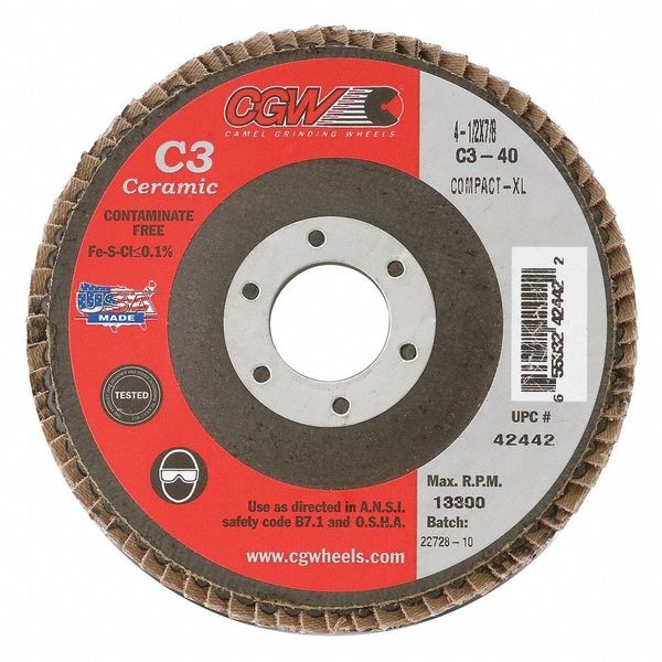 Cgw Abrasives Flap Disc, 4.5x7/8, C3, Cmpct Cer, XL, 80G - 42445