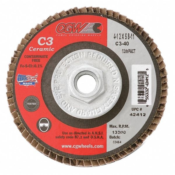 Cgw Abrasives Flap Disc, 4.5x5/8-11, C3 Cmpct Cer Rg, 80G - 42415