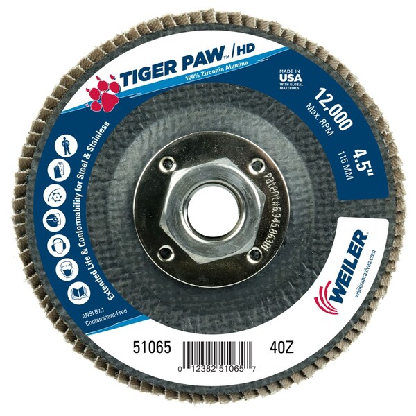 Weiler 4-1/2" Tiger Paw Density Flap Disc, Angled (TY29), 40Z, 5/8"-11 UNC - 51065