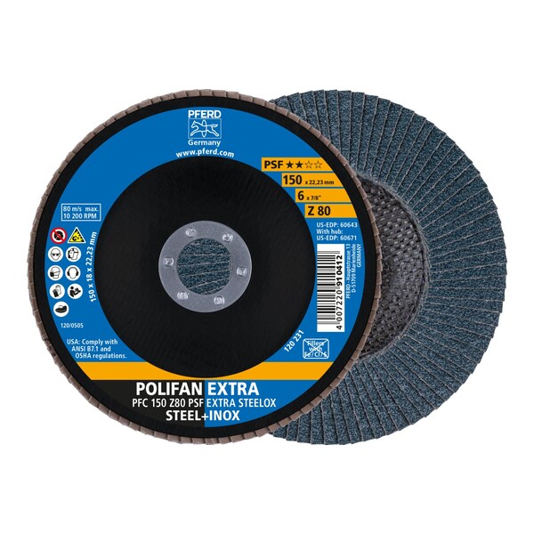 Pferd 6" x 7/8" A.H. POLIFAN Flap Disc - Z PSF EXTRA STEELOX, Zirconia, 80 Grit, Conical - 60643