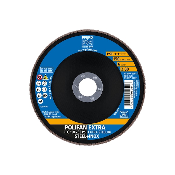 Pferd 6" x 7/8" A.H. POLIFAN Flap Disc - Z PSF EXTRA STEELOX, Zirconia, 80 Grit, Conical - 60643