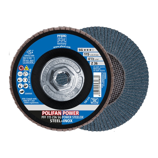 Pferd 4-1/2" x 5/8-11 Thd. POLIFAN Flap Disc - Z SG POWER STEELOX, Zirconia, 36 Grit, Flat - 62273