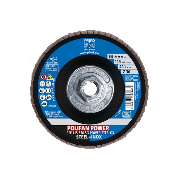 Pferd 4-1/2" x 5/8-11 Thd. POLIFAN Flap Disc - Z SG POWER STEELOX, Zirconia, 36 Grit, Flat - 62273