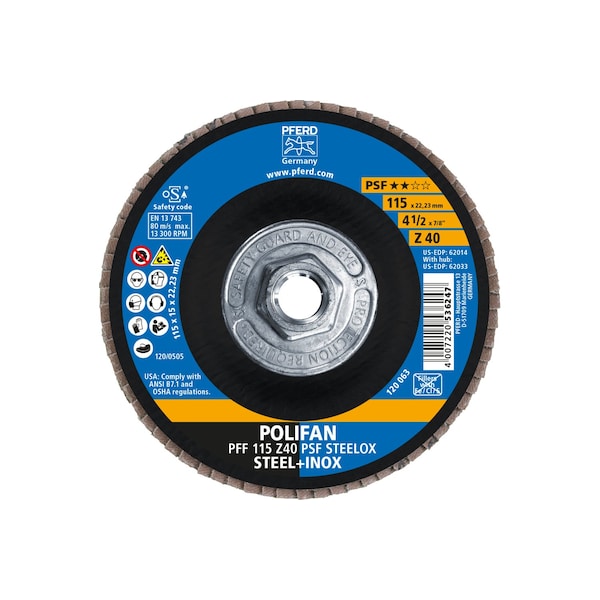 Pferd 4-1/2" x 5/8-11 Thd. POLIFAN Flap Disc - Z PSF STEELOX, Zirconia, 40 Grit, Flat - 62033