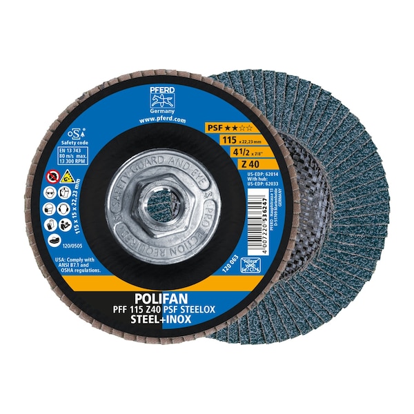 Pferd 4-1/2" x 5/8-11 Thd. POLIFAN Flap Disc - Z PSF STEELOX, Zirconia, 40 Grit, Flat - 62033