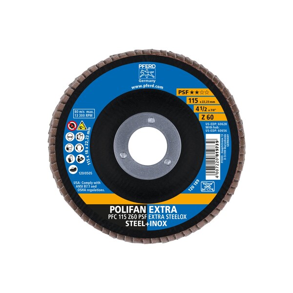 Pferd 4-1/2" x 7/8" A.H. POLIFAN Flap Disc - Z PSF EXTRA STEELOX, Zirconia, 60 Grit, Conical - 60628