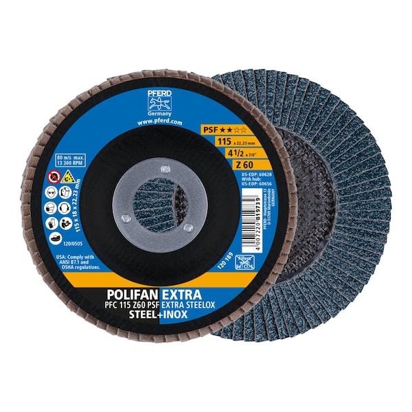 Pferd 4-1/2" x 7/8" A.H. POLIFAN Flap Disc - Z PSF EXTRA STEELOX, Zirconia, 60 Grit, Conical - 60628