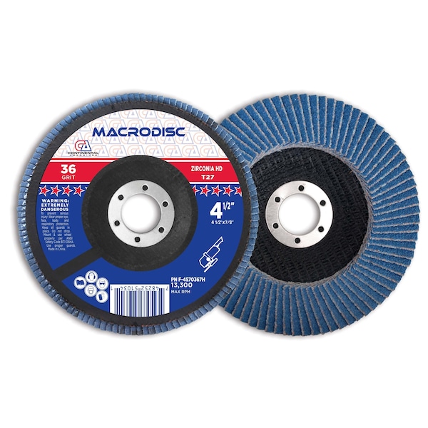 Continental Abrasives 4-1/2" x 7/8" 36 Grit T27 Zirconia High Density  Flap Disc - F-4570367H