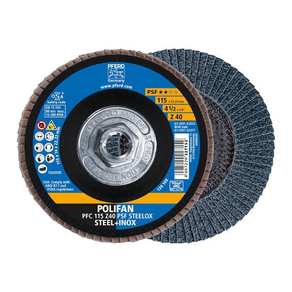 Pferd 4-1/2" x 5/8-11 Thd. POLIFAN Flap Disc - Z PSF STEELOX, Zirconia, 40 Grit, Conical - 62071