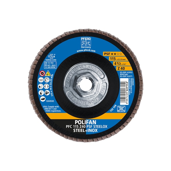 Pferd 4-1/2" x 5/8-11 Thd. POLIFAN Flap Disc - Z PSF STEELOX, Zirconia, 40 Grit, Conical - 62071