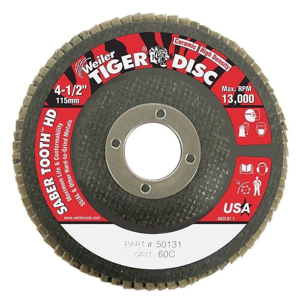 Weiler 4-1/2 Tiger Ceramic High Density (TY27) Abrasive 60C 7/8" Arbor Hole - 50131