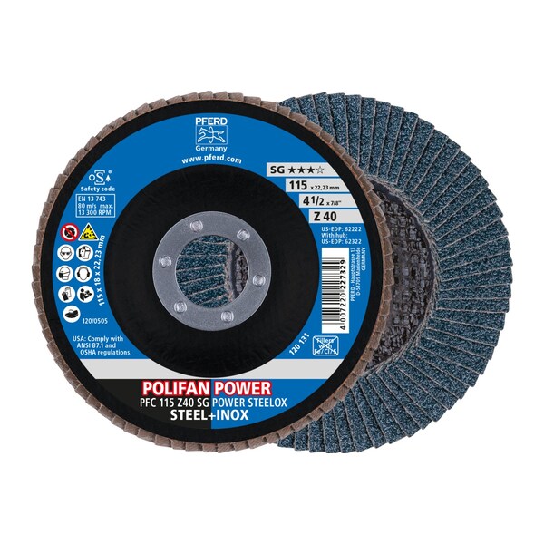 Pferd 4-1/2" x 7/8" A.H. POLIFAN Flap Disc - Z SG POWER STEELOX, Zirconia, 40 Grit, Conical - 62222