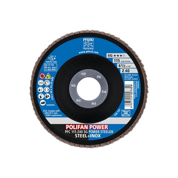 Pferd 4-1/2" x 7/8" A.H. POLIFAN Flap Disc - Z SG POWER STEELOX, Zirconia, 40 Grit, Conical - 62222