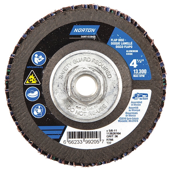 Norton Abrasives Flap Disc, 4 1/2 In x 36 Grit, 5/8-11 - 66623399205