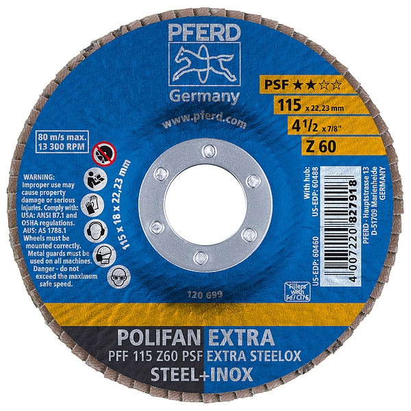 Pferd 4-1/2" x 7/8" A.H. POLIFAN Flap Disc - Z PSF EXTRA STEELOX, Zirconia, 60 Grit, Flat - 60460