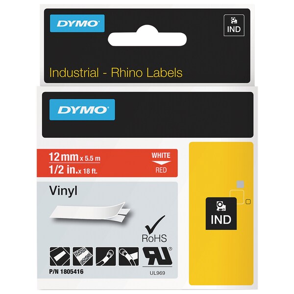 Dymo Rhino Permanent Vinyl Industrial Label Tape, 0.5" x 18 ft, Red/White Print - 1805416