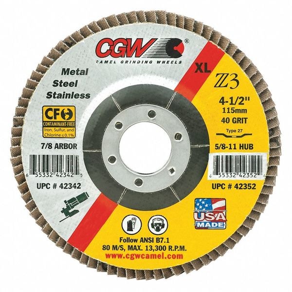 Cgw Abrasives Flap Disc, 4.5x7/8, T29, Z3, Reg, 36G - 42321