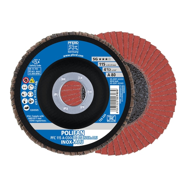 Pferd 4-1/2" x 7/8" A.H. POLIFAN Flap Disc - A-COOL SG INOX+ALU, Aluminum oxide, 80 Grit, Conical - 62233
