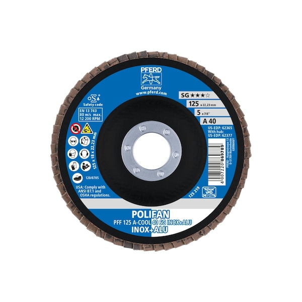 Pferd 5" x 7/8" A.H. POLIFAN Flap Disc - A-COOL SG INOX+ALU, Aluminum oxide, 40 Grit, Flat - 62365