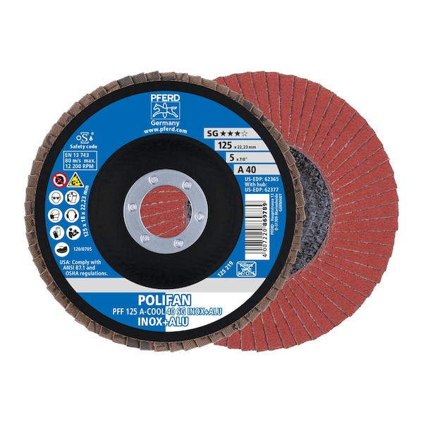 Pferd 5" x 7/8" A.H. POLIFAN Flap Disc - A-COOL SG INOX+ALU, Aluminum oxide, 40 Grit, Flat - 62365