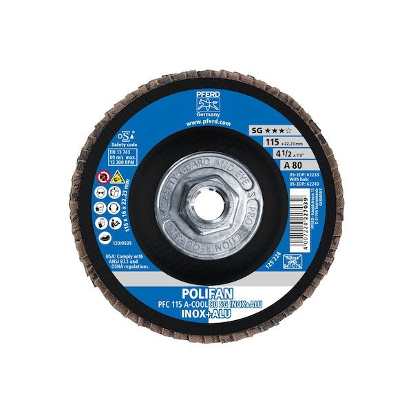 Pferd 4-1/2" x 5/8-11 Thd. POLIFAN Flap Disc - A-COOL SG INOX+ALU, Aluminum oxide, 80 Grit, Conical - 62243