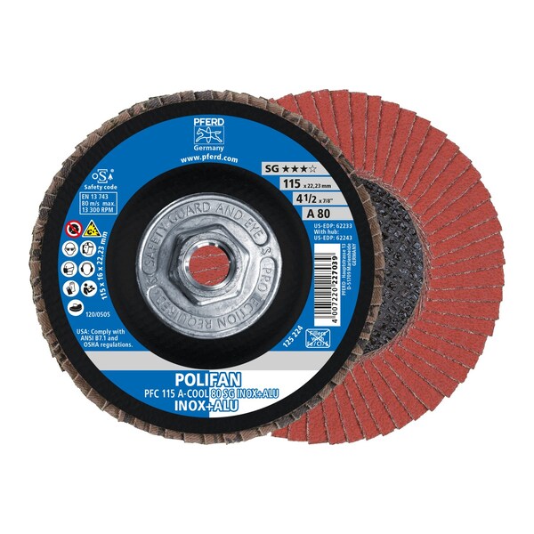 Pferd 4-1/2" x 5/8-11 Thd. POLIFAN Flap Disc - A-COOL SG INOX+ALU, Aluminum oxide, 80 Grit, Conical - 62243