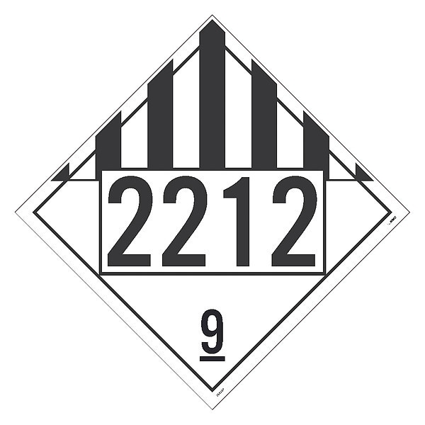 Nmc Dot Placard Sign, 2212 9 Dangerous Goods, Pk50, Material: Unrippable Vinyl - DL82BUV50