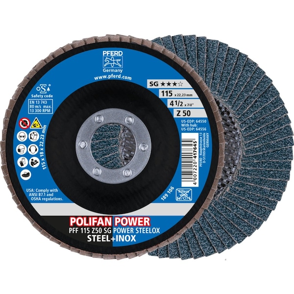 Pferd Flap Disc, 4-1/2''x7/8, Z SG POWER STEELOX, 50 Grit, T27, Flat, Zirconia - 64550