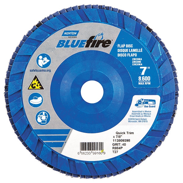 Norton Abrasives Flap Disc, 7 In x 40 Grit, 7/8 - 66623399160