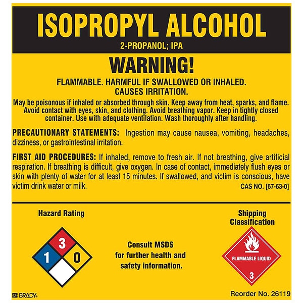 Brady ISOPROPYL ALCOHOL, ISOPROPYL ALCOHOL, 5 in W x 5 in H - 26119LS