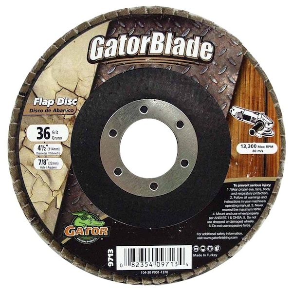 Gatorblade Flap Disc, 412 in Dia, 78 in Arbor, 36 Grit, Zirconium Oxide Abrasive - 9713