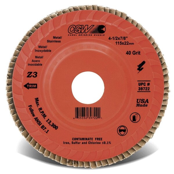 Cgw Abrasives Contaminant-Free Premium Trimmable Coated Abrasive Flap Disc, 4-1/2 in Dia, 120 Grit, Fine Grade, Z3 - 39716