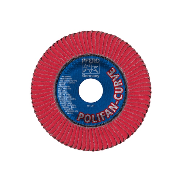 Pferd 4-1/2" x 7/8" A.H. POLIFAN Flap Disc - CO SGP CURVE STEELOX, Ceramic oxide, 60 Grit, Large Radius - 67381