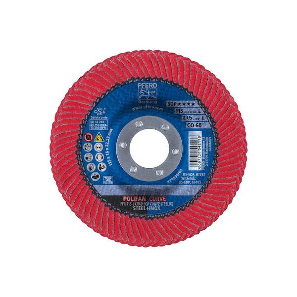Pferd 4-1/2" x 7/8" A.H. POLIFAN Flap Disc - CO SGP CURVE STEELOX, Ceramic oxide, 60 Grit, Large Radius - 67381