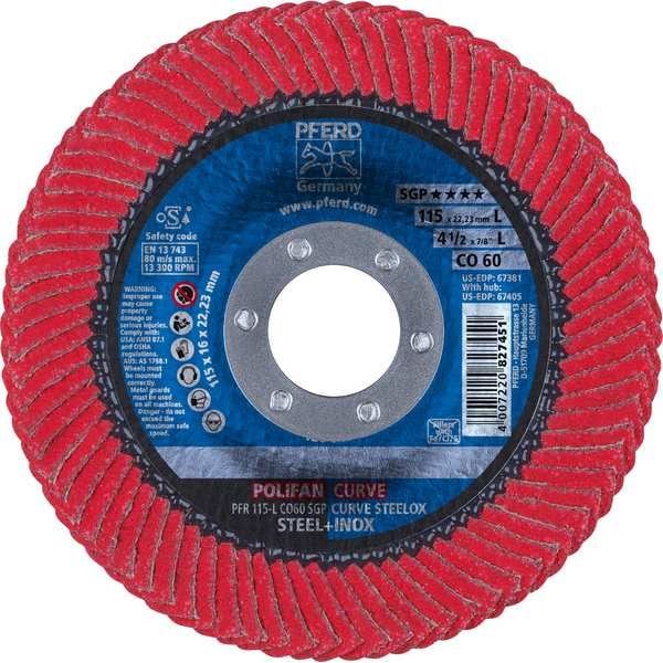 Pferd 4-1/2" x 7/8" A.H. POLIFAN Flap Disc - CO SGP CURVE STEELOX, Ceramic oxide, 60 Grit, Large Radius - 67381
