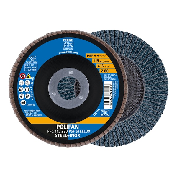 Pferd 4-1/2" x 7/8" A.H. POLIFAN Flap Disc - Z PSF STEELOX, Zirconia, 80 Grit, Conical - 62054