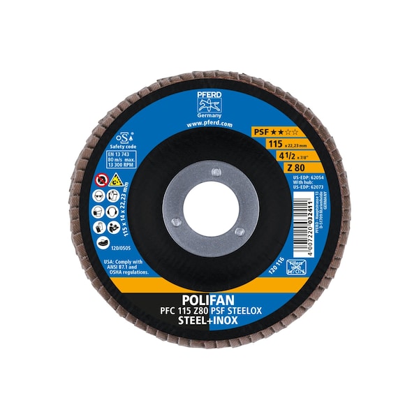 Pferd 4-1/2" x 7/8" A.H. POLIFAN Flap Disc - Z PSF STEELOX, Zirconia, 80 Grit, Conical - 62054