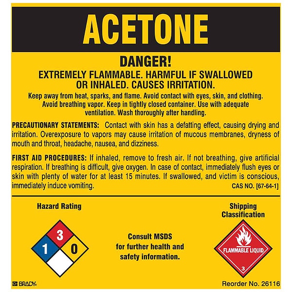 Brady NFPA Acetone Danger Label, 5"H x 5" W, PK25 - 26116LS