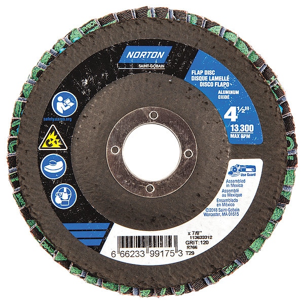 Norton Abrasives Flap Disc, 4 1/2 In x 120 Grit, 7/8 - 66623399175