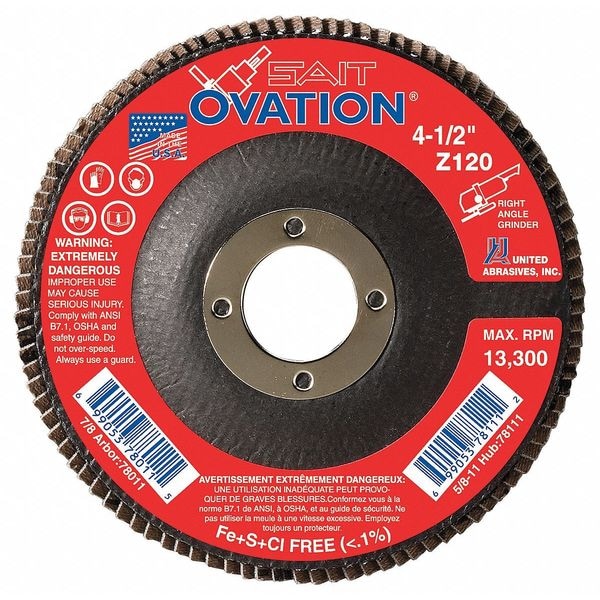 United Abrasives/Sait SAIT 78006 Ovation High Density Fiberglass Backed Flap Disc (Type 27) 4-1/2" x 7/8", 40 Grit - 78006