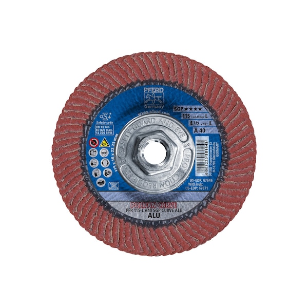 Pferd 4-1/2" x 5/8-11 Thd. POLIFAN Flap Disc - A SGP CURVE STEELOX, Aluminum oxide, 40 Grit, Large Radius - 67671